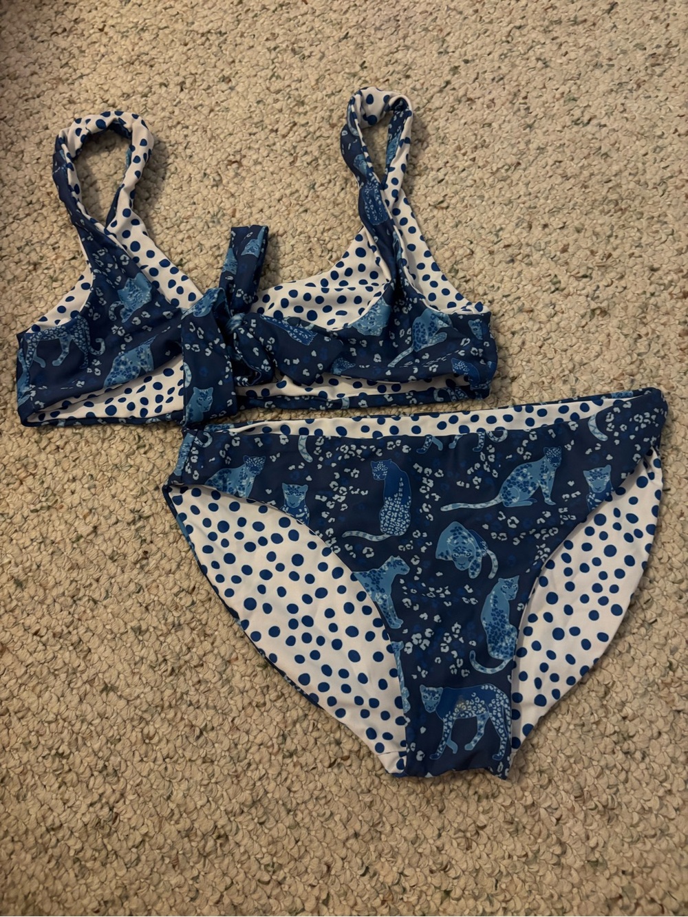 Navy Cat & Polka Dot Two-Piece Reversable Bikini
